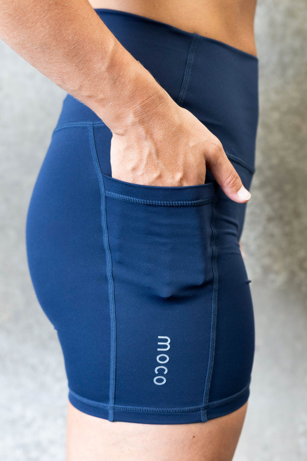 Close up of Moco Midnight Tide 5 inch shorts - squat proof fabric pregnancy friendly activewear