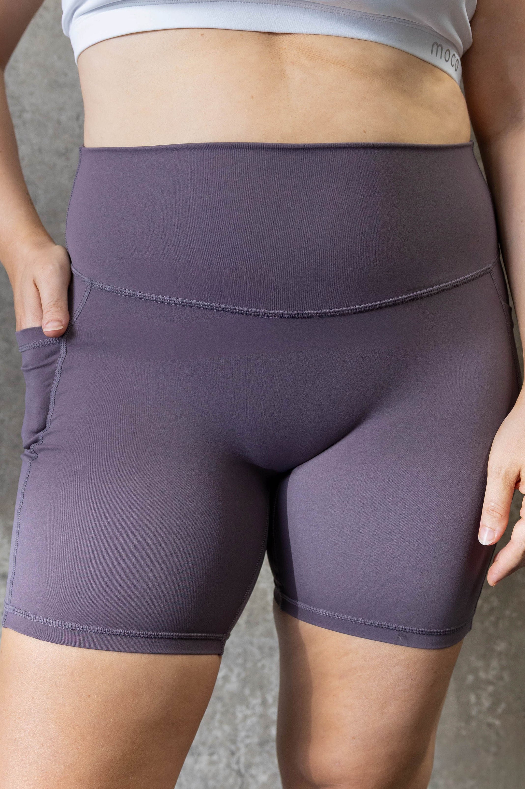 Close up of Moco Lavender Dusk 5 inch shaping shorts - soft squat proof fabric pregnancy friendly