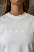 Mum wearing Moco Cotton Cloud white oversized tee - maternity and breastfeeding friendly 100% cotton t-shirt