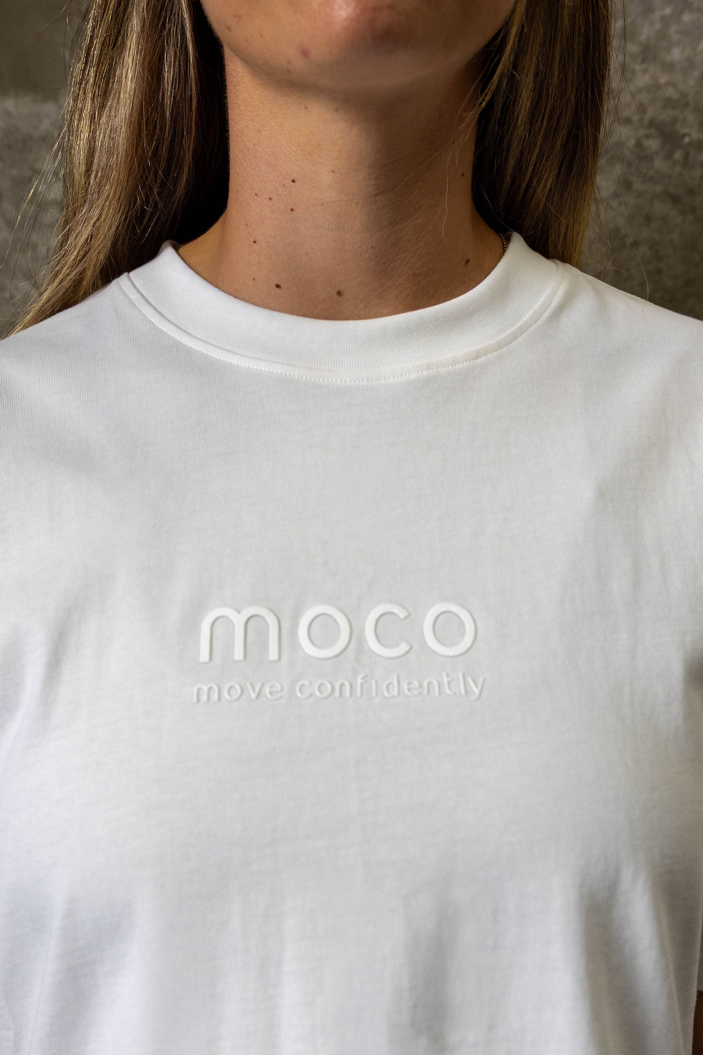 Mum wearing Moco Cotton Cloud white oversized tee - maternity and breastfeeding friendly 100% cotton t-shirt