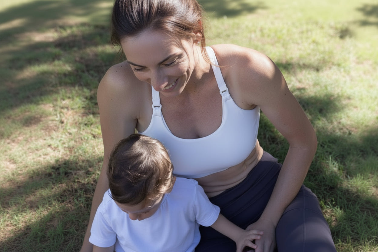 mom in premium nursing sports bra/breastfeeding activewear